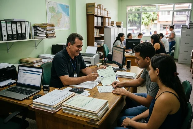 Profissional ajudando clientes com documentação veicular em Belém.