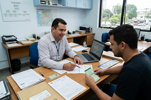 Profissional orientando sobre licenciamento de veículo em Belém.